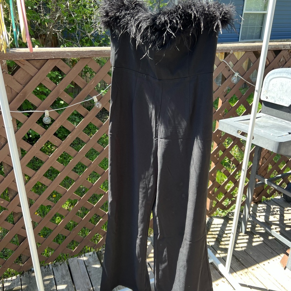 Forever 21 Black Elegant Feather-Trim Jumpsuit